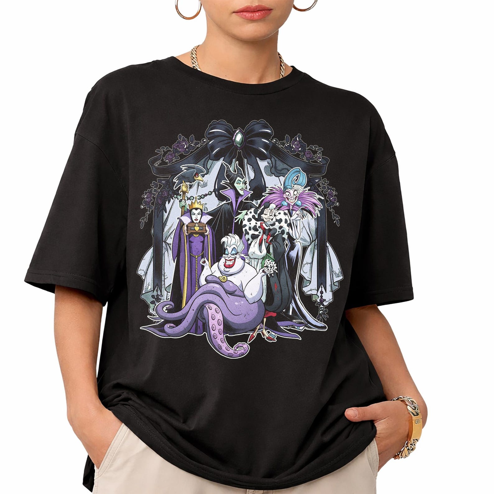 Disney Villains Coquette Bow Shirt, Watercolor Evil Queen Tee, Ursula Cruella Maleficent Top, Halloween Disneyland Family Trip Gift S