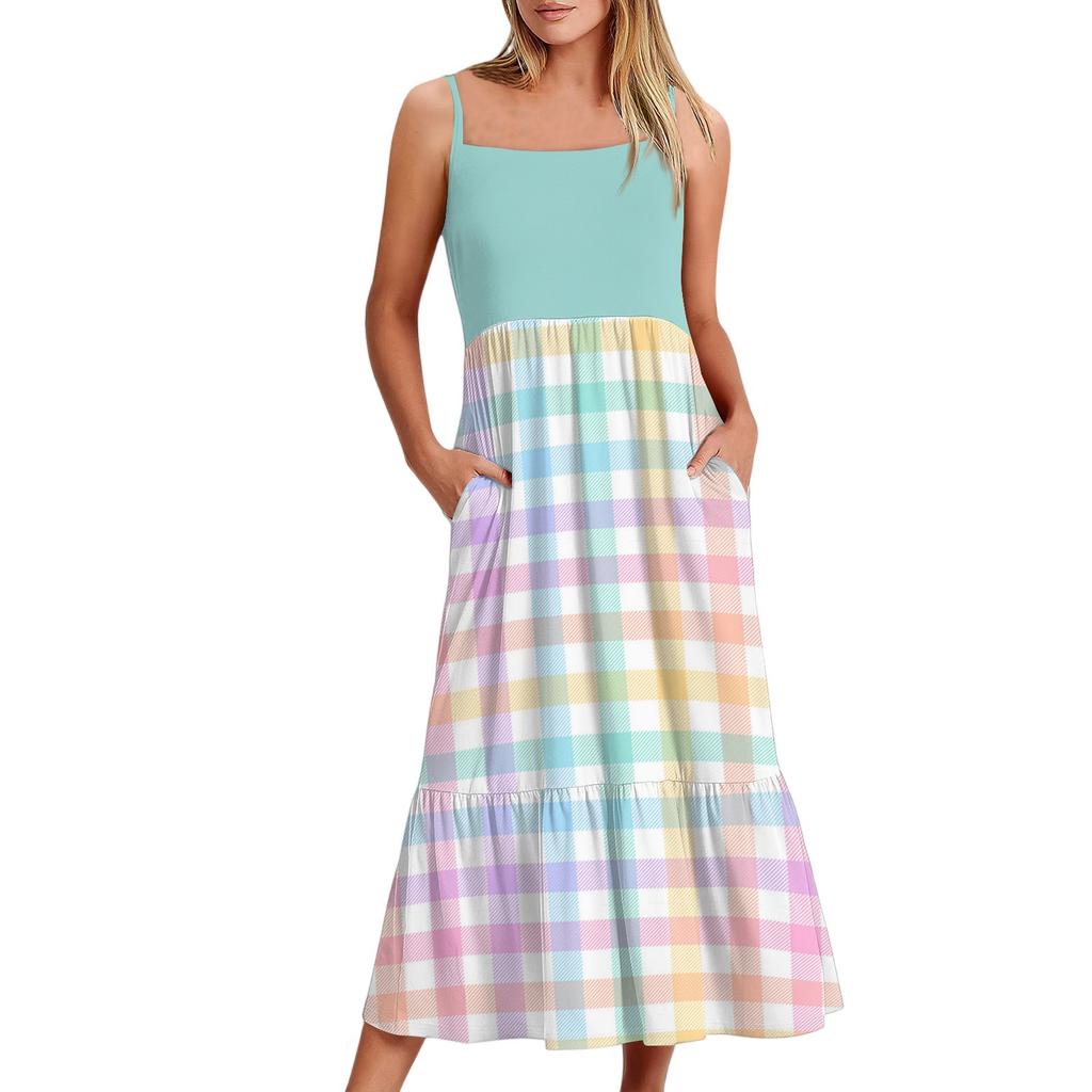 Women's Long Beach Casual Elegant Spaghetti Strap Maxi Dress Plaid Print Low-key Flowing Bohemian Dress