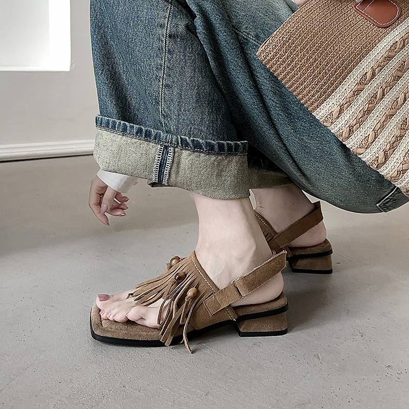 Krazing Pot Cow Suede Nubuck Summer Size 40 Hook Loop Tassel Fringe Low Heels Women Peep Toe Sandals