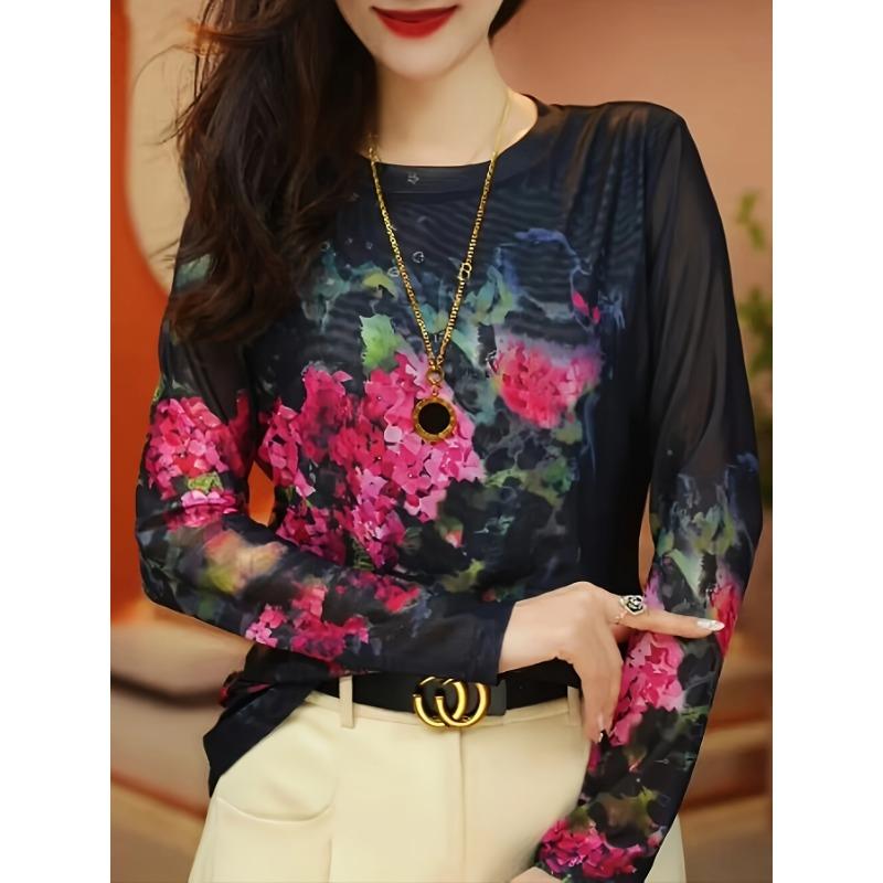 Elegant Floral Print T-Shirt for Women - Polyester Knit Fabric, Hollow Detail, Round Neck, Long Sleeve, Spring/Fall Collection