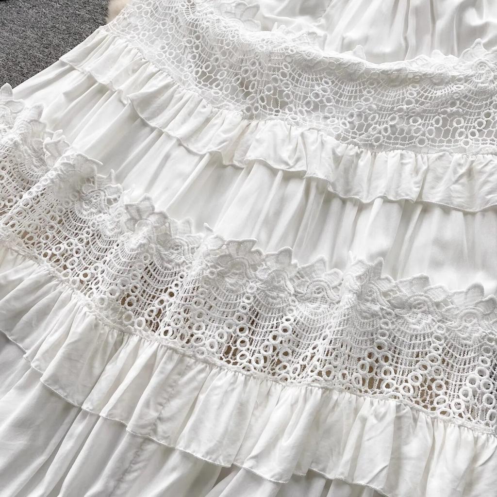 Summer Holiday Flower Embroidery Patchwork White Tank Long Maxi Dress Women's Sleeveless V Neck Lace Trims Hollow Out Beach Robe