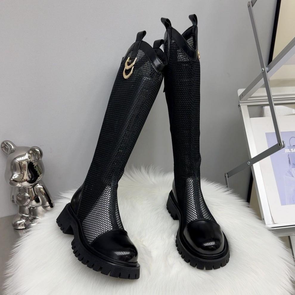Leather Hollow Boots Women's Knee 2025 New Spring and Summer Breathable Mesh High Boots Thick-soled Thin Boots