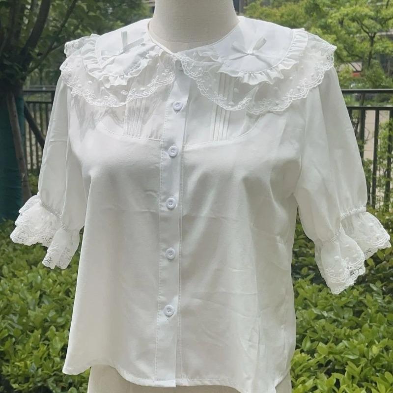 

Women s Doll Collar Lace Ruffle Bow 3/4 Sleeve Blouse S белый