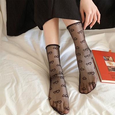 Mesh Fishnet Lace Socks Women Summer Ultra-thin Transparent Loose Long Socks Heart Print Lolita Sweet Girl Kawaii Cute Socks Sox