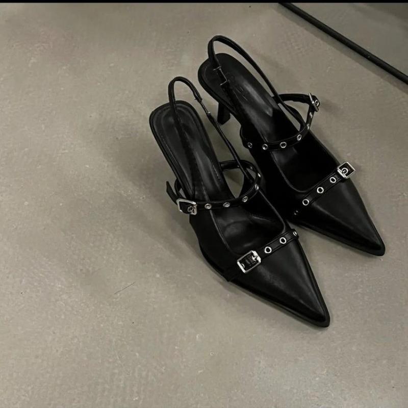 Fashion Women's Silver Buckle Slingback High Heels Pointed 2024 Summer Thin Heel Leather Shoes for Woman Elegant Party Mary Jane Pumps