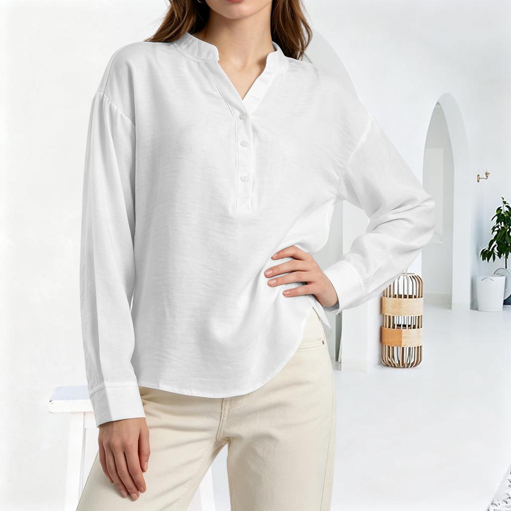 Women's Fashion Casual Loose Pleated Button-Up Long Sleeve  Color Pullover Shirt Top