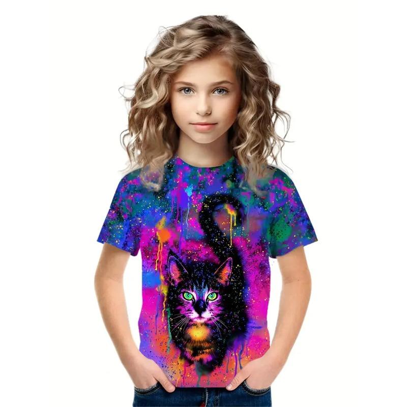 Letní tričko s kulatým výstřihem a 3D potiskem kočky, módní a ležérní dětské dívčí tričko s krátkým rukávem