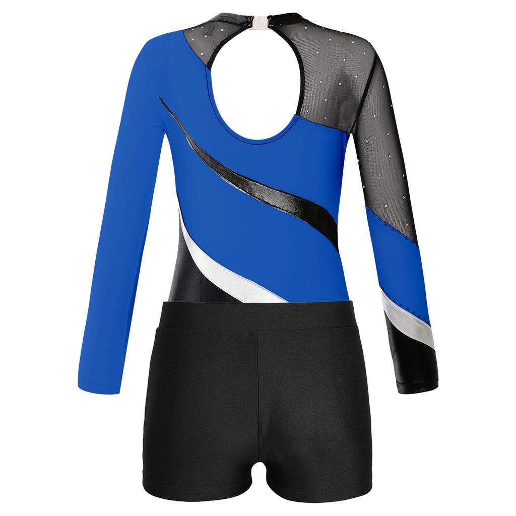 Kids Girls Long Sleeve Gymnastic Leotard with Shorts Athletic Dance Unitards Performance Competition Costume