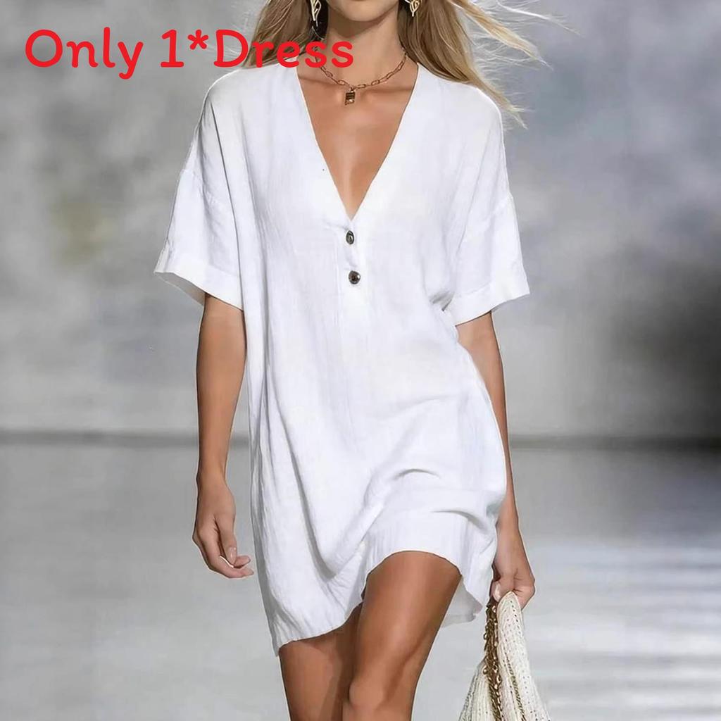 Abito Estivo in Cotone e Lino da Donna con Scollo a V e Collo Semiaperto Stile Casual A-line