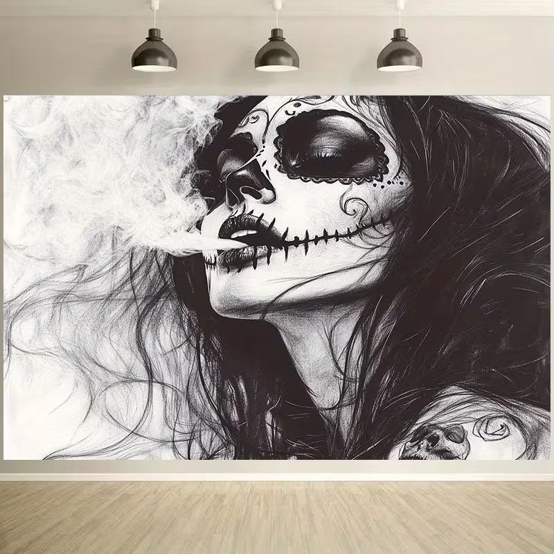 2D Day of the Dead Tapestry Sugar Skull Lady with Smoke Art Background Cloth