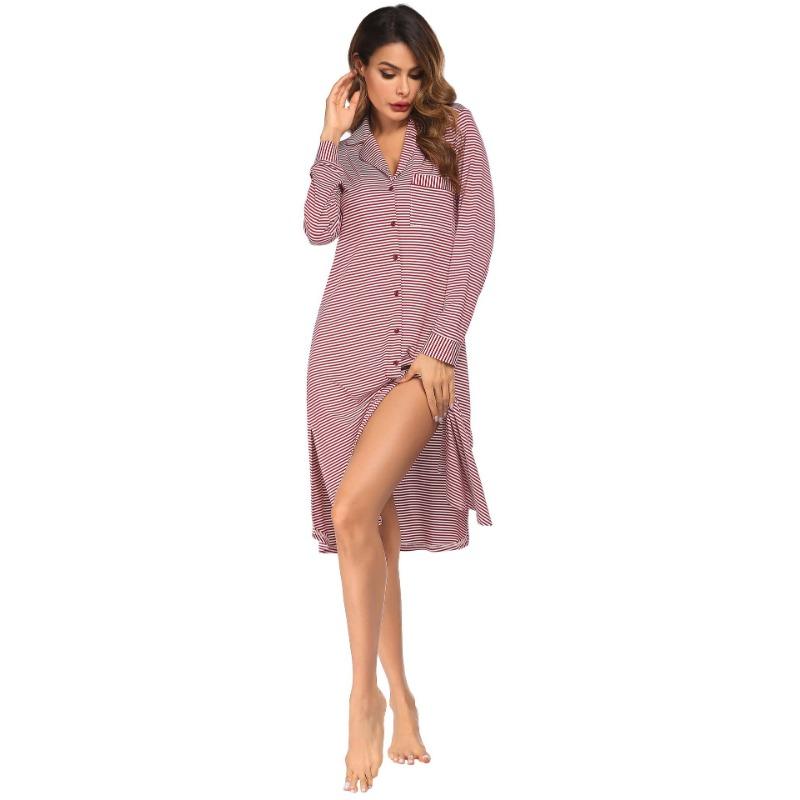 YYFS Women's Fashion Spring Fall Stripe Print Long Sleeve POLO Neck Loose Waistline Casual Dresses