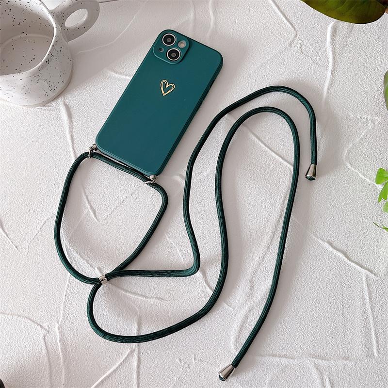 Crossbody Lanyard Silicone Phone Case For iPhone 15 14 11 12 13 Pro Max Mini 8 7 6 Plus 10 X Xr Xs Max SE Love Heart Cover