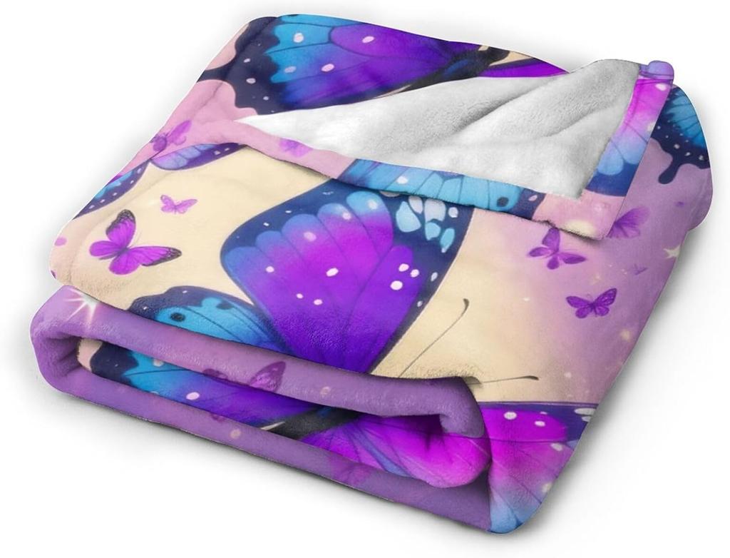 Purple Blue Butterfly Art Print Fleece Blanket Magical Nature Design Soft Cozy Throw Home Decor For Living Room Or Bedroom Gift