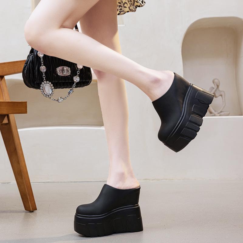 Fashion 14CM Ladies Summer Shoes Slip On Genuine Leather Fashion Women Wedge Slipper Platform Wedge Sandals Sandals