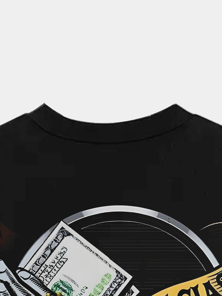 Mens print tshirt with dollar bills prayer hands and rosary black casual shortsleeved tshirt for outdoor recreation