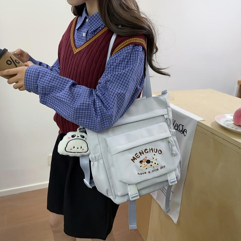 Torba tote w stylu koledżowym dla uczniów szkół średnich i ponadpodstawowych, z kreskówkowym haftem szczeniaka, o dużej pojemności, na ramię