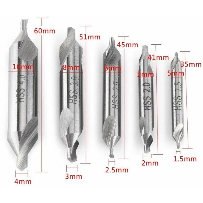 Lot de 5 forets à centrer HSS double extrémité 60° - 1.5/2/2.5/3/4 mm