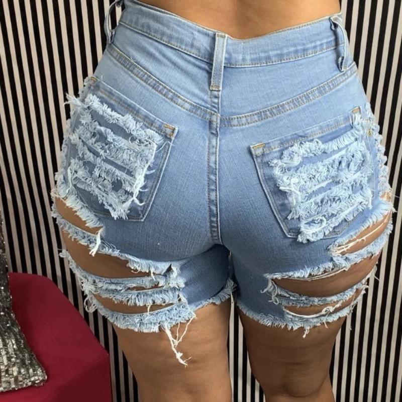 

GMXIA Women s Hole Stretch Ripped Denim Shorts Five Pants XXL светло-синий