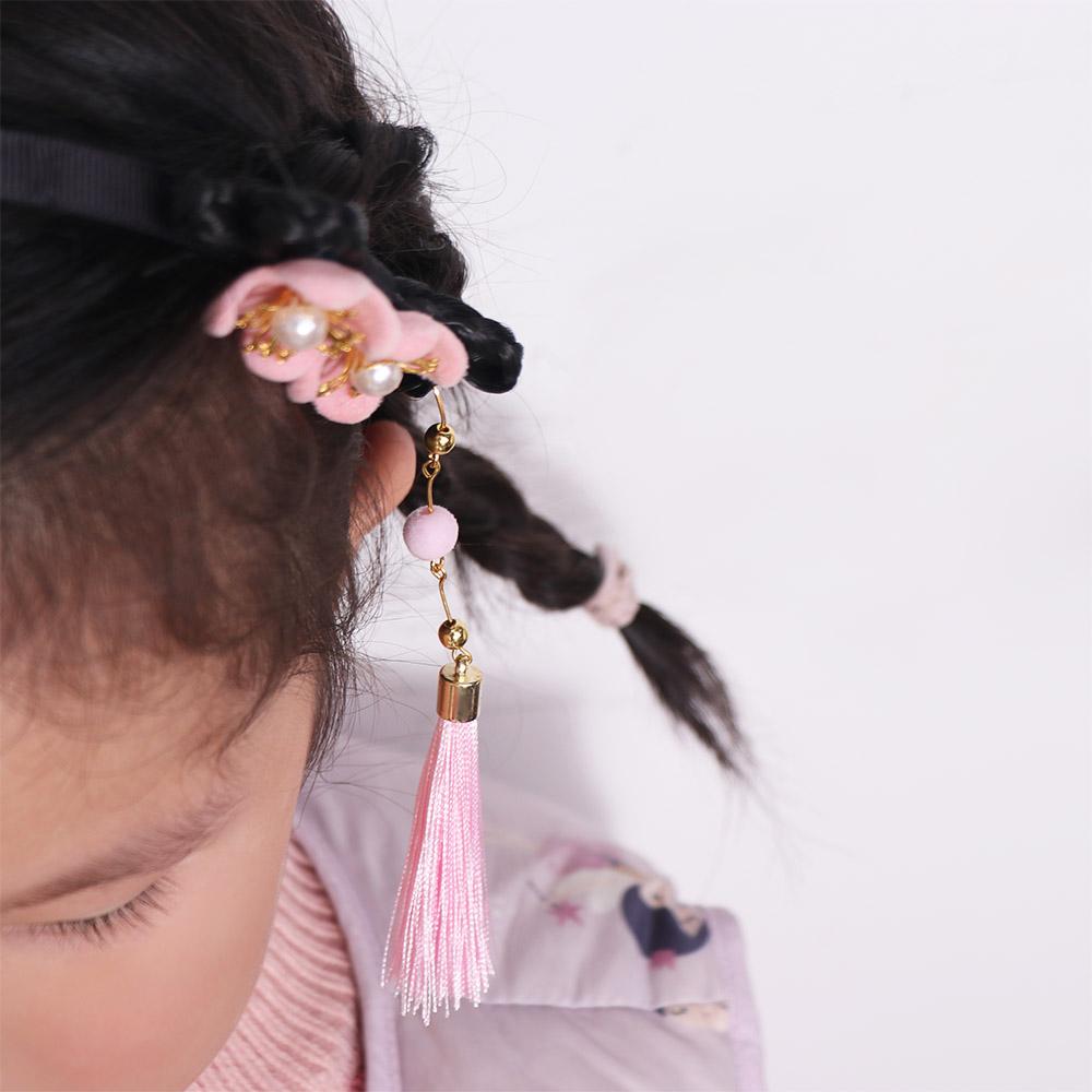 Red Flower Tassel Headband Chinese Style New Year Headwear Traditional Hanfu Wig Headband  Children