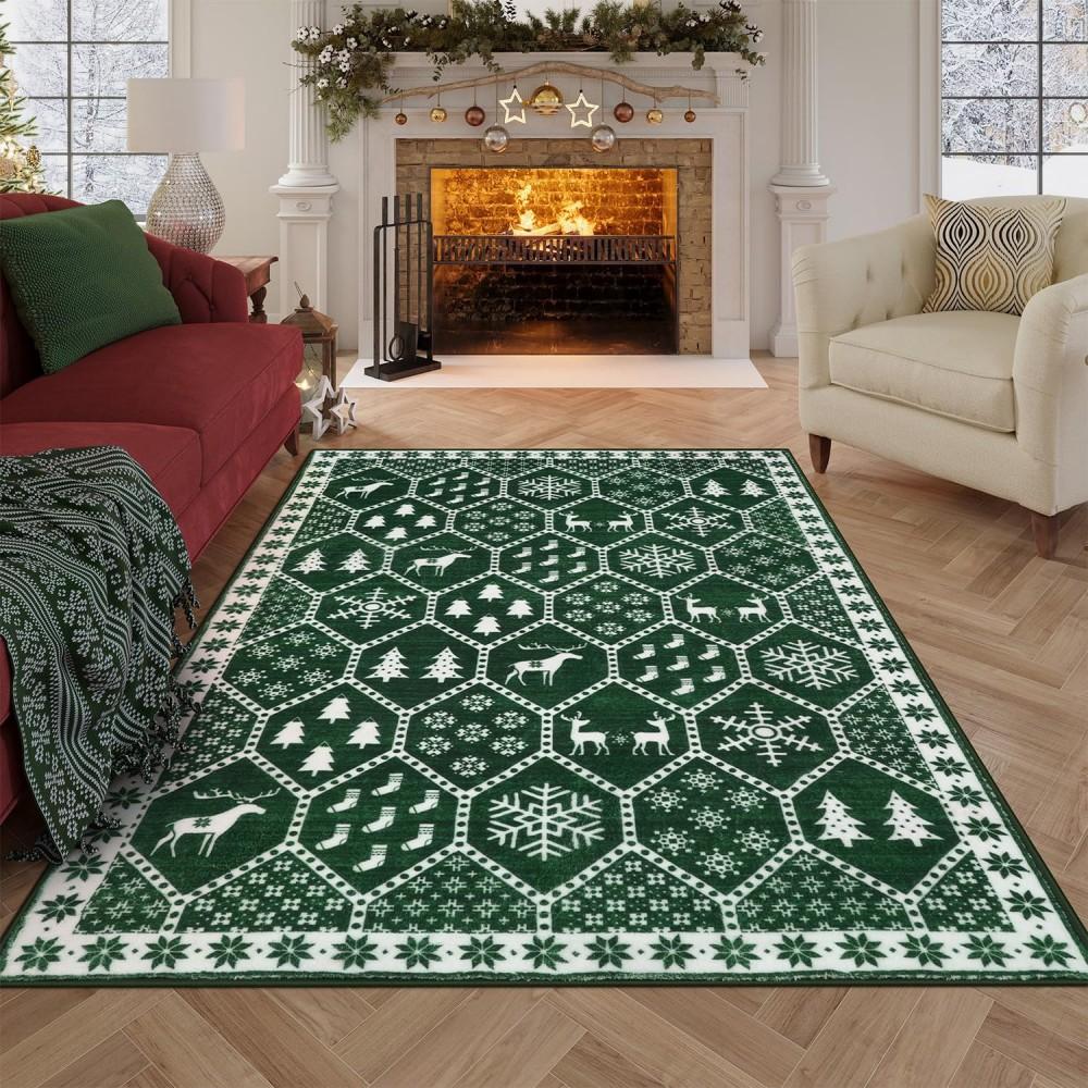 Christmas Area Rug for Living Room Non Slip Washable Rugs Red Christmas Entryway Rugs Indoor Decor Geometric Rug for Home Office