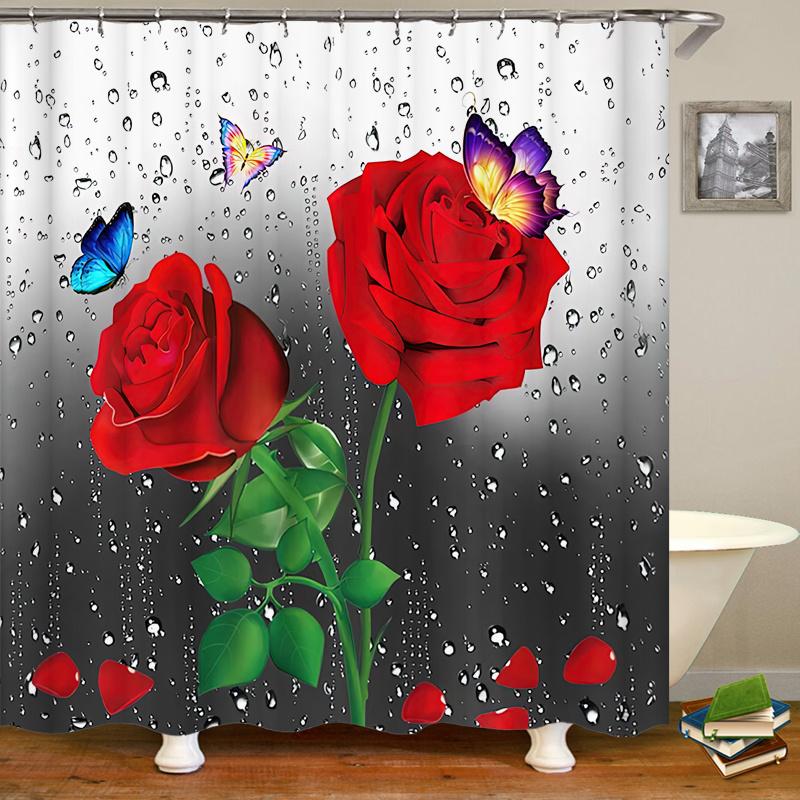 3D Rose Flower Shower Curtain Set Non-Slip Rugs Bath Mat Toilet Lid Cover and 12 Hooks Waterproof Polyester Bathroom Decor