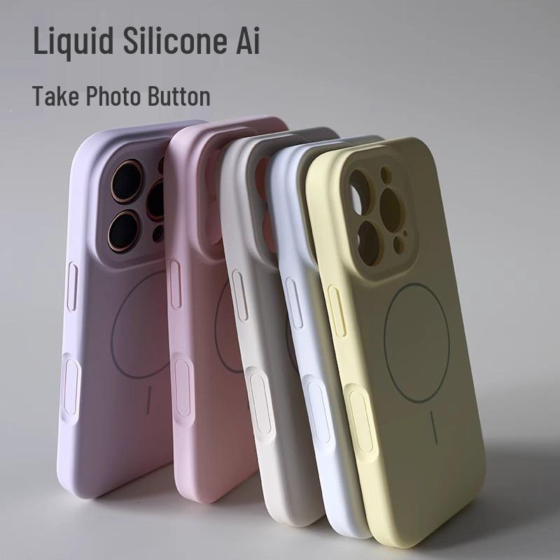 Magnetische Flüssigsilikonhülle mit integriertem Kameraknopf für iPhone 17 Pro Max.