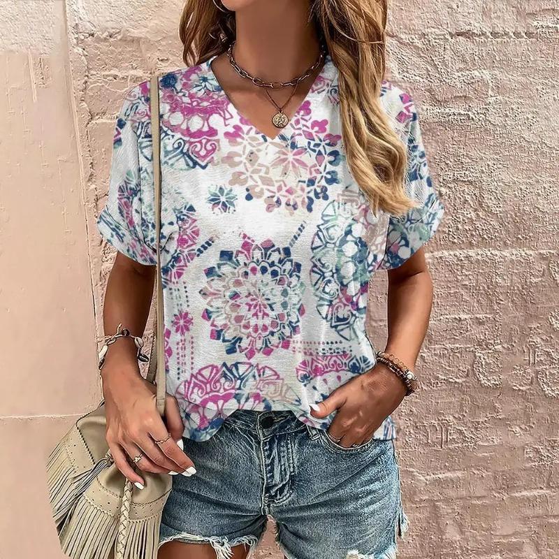 Tricou Boho Harajuku pentru damă, cu imprimeu grafic, cu mâneci scurte de vară, Topuri casual, la modă de stradă, tricou cu decolteu în V, îmbrăcăminte pentru femei, tricouri pentru femei
