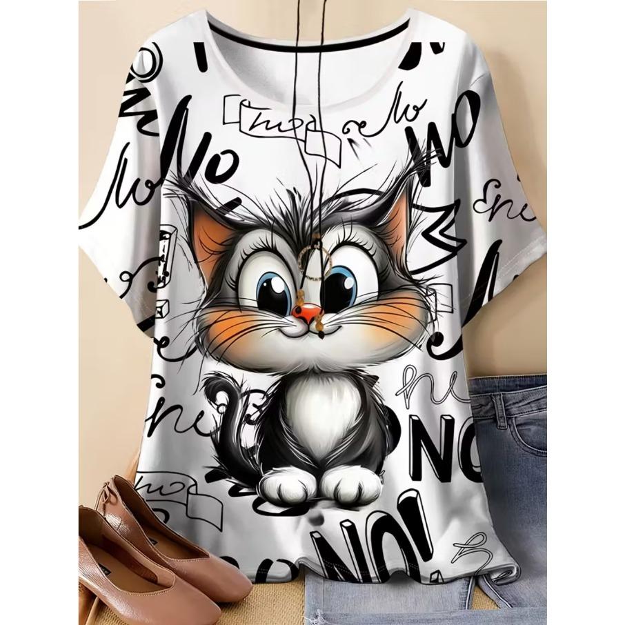 XL-7XL Plus Size Women's Men Cartoon Cat Casual 3D Print Loose V Neck Short Sleeved T-shirt Top