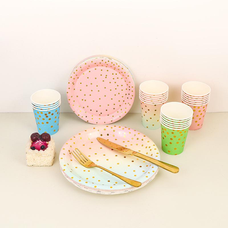 Pack Of 16 Disposable Plate Set Pink Bronzing Polka Dots Birthday Party Cutlery Cupcake Plate
