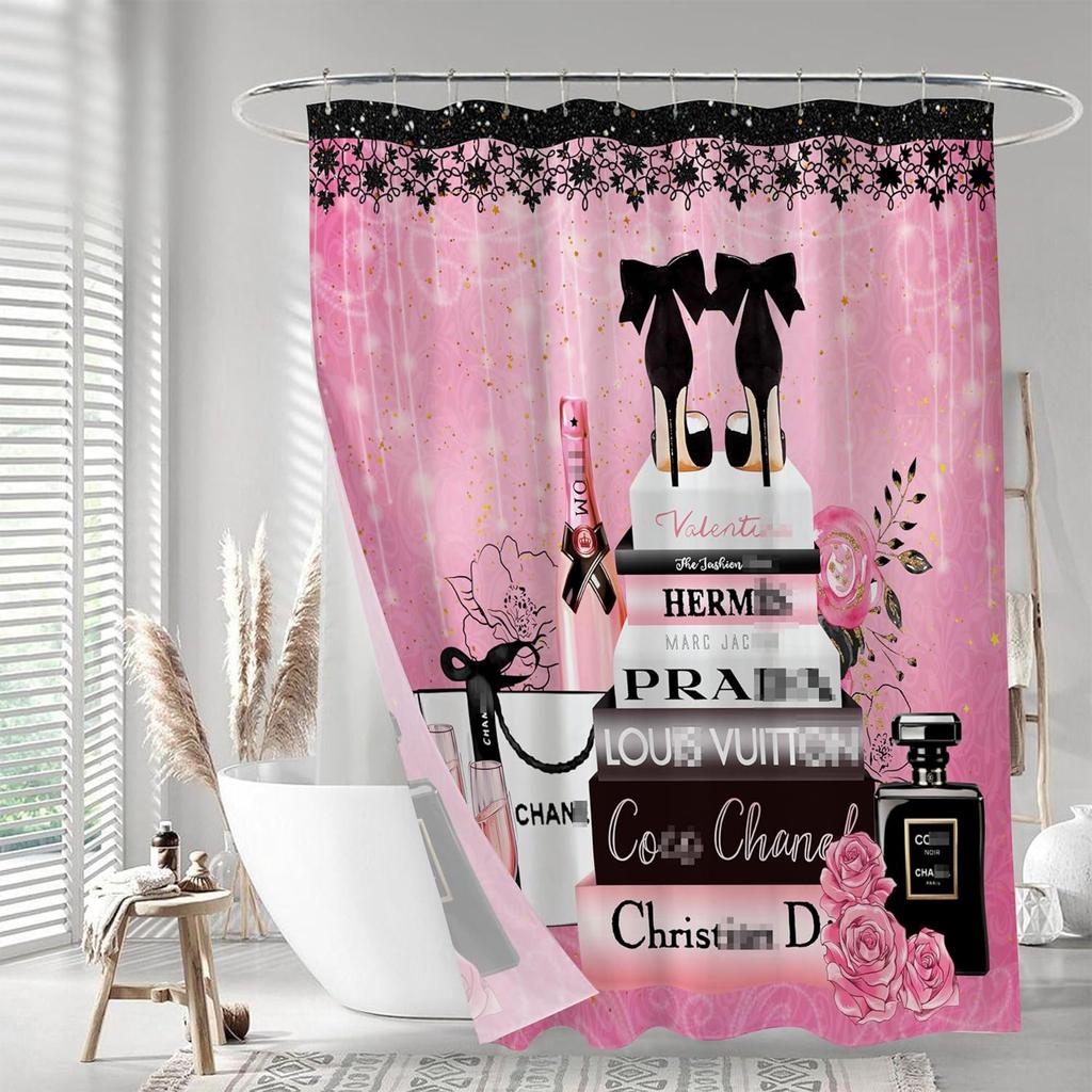 Fashion Luxury Girly Shower Curtain Pink Floral Black Perfume Shower Curtains Waterproof Polyester Fabric Shower Curtains for Bathroom Decor with 12