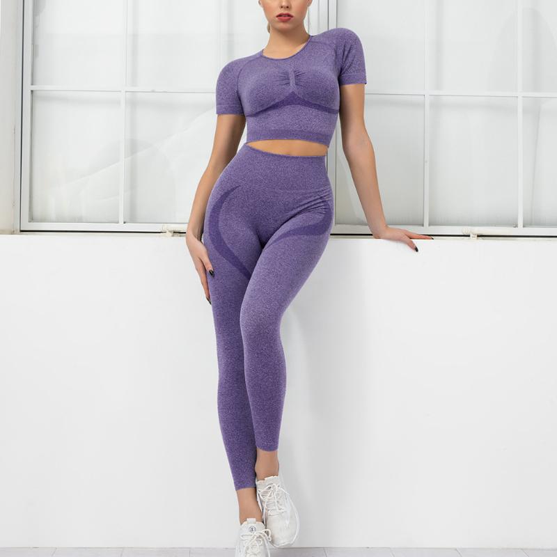 

Nessaj Бесшовная женская спортивная одежда для фитнеса с коротким рукавом, укороченный топ, леггинсы с высокой талией, комплект для йоги