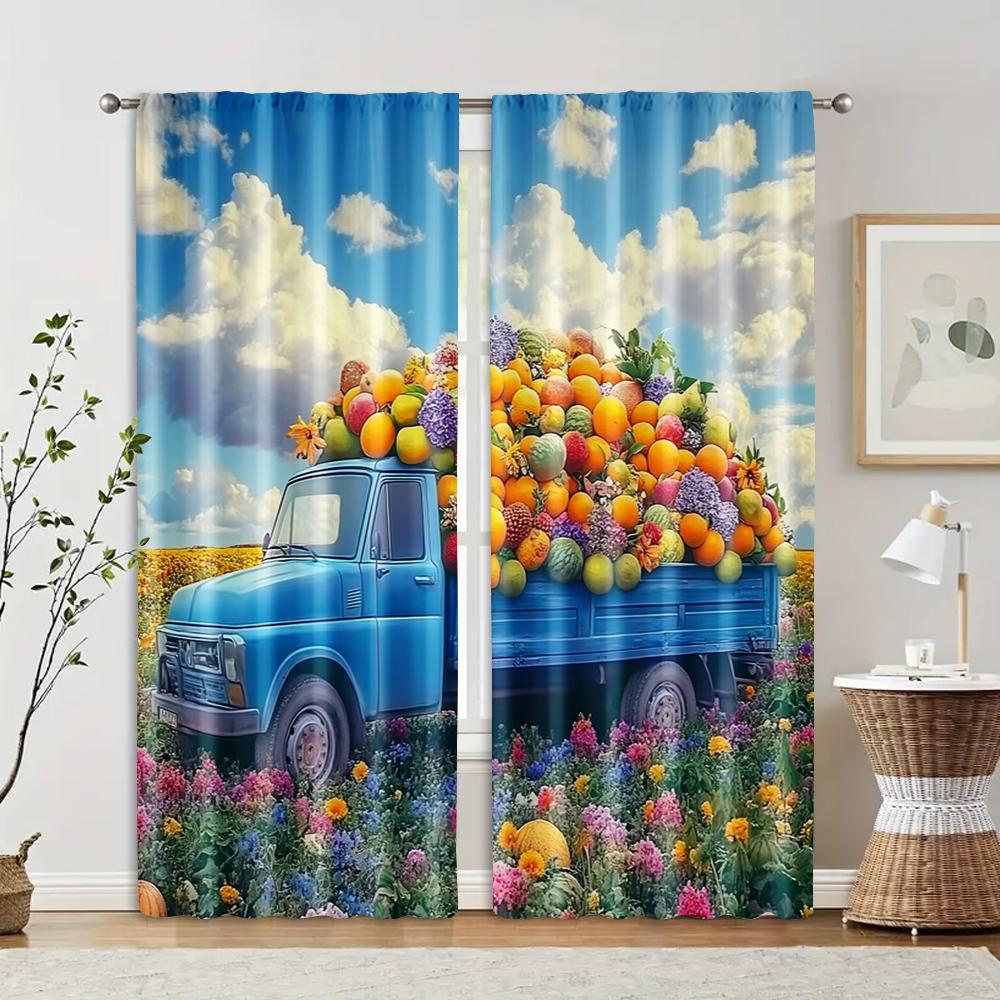

2 pcs, filtering curtains (excluding rods, non-movable, without batteries) A truckload of vegetables and fruits. for use in 29x65in(75x166cm)