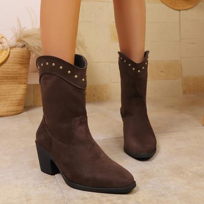 Chunky Heel Ankle Boots for Women  New Winter Rivet Shoes Cow Suede Pointed Toe Women's Boots Retro Cowboy Boots Female Comfortable Soft Sole Non Slip