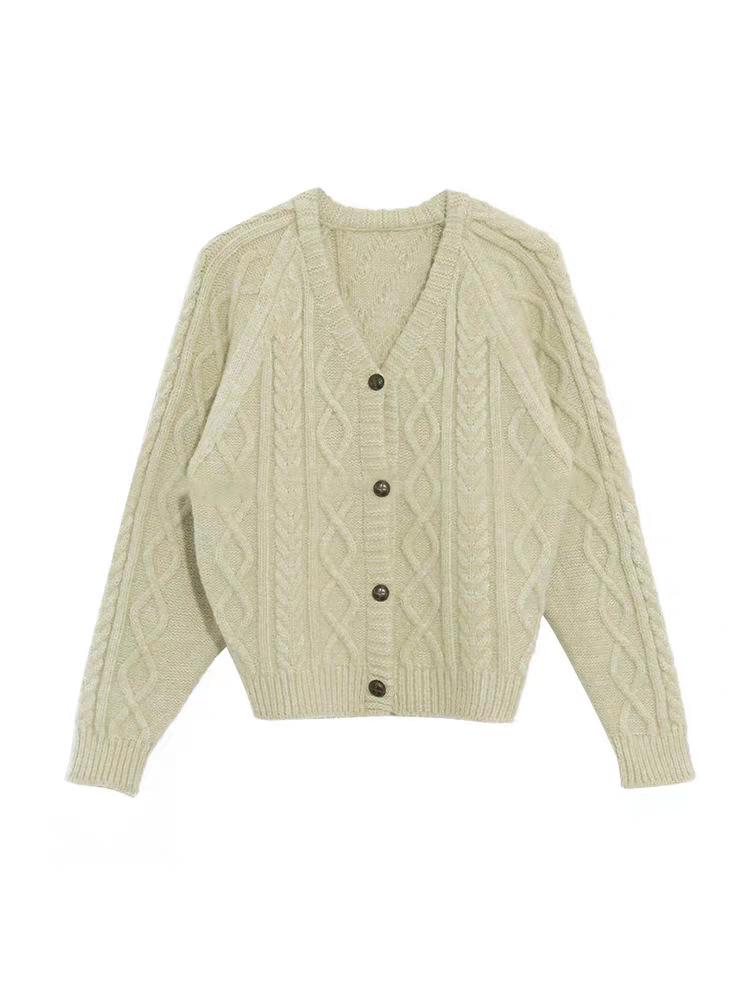 Che Jingyuan Style Light Green V-Neck Cable Knit Cardigan - Women's Korean Winter Sweater
