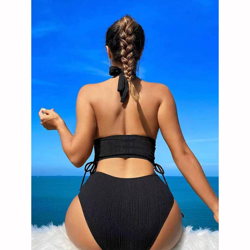 Sexy Solid Color Halter Strappy Bikini Female Swimsuit Women Swimwear Two-pieces Bikini Set Bather Bathing Suit Swim