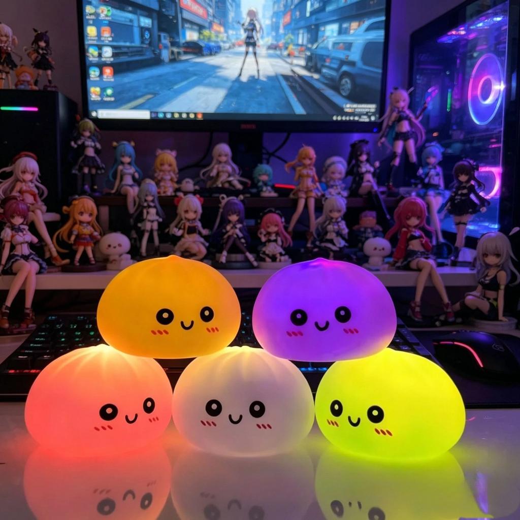 Aesthetic LED Bun: Glowing Bubble Spitting Squeeze Toy, Realistic Food Ornament, Solid Gel Sensory Stress Reliever, Gift