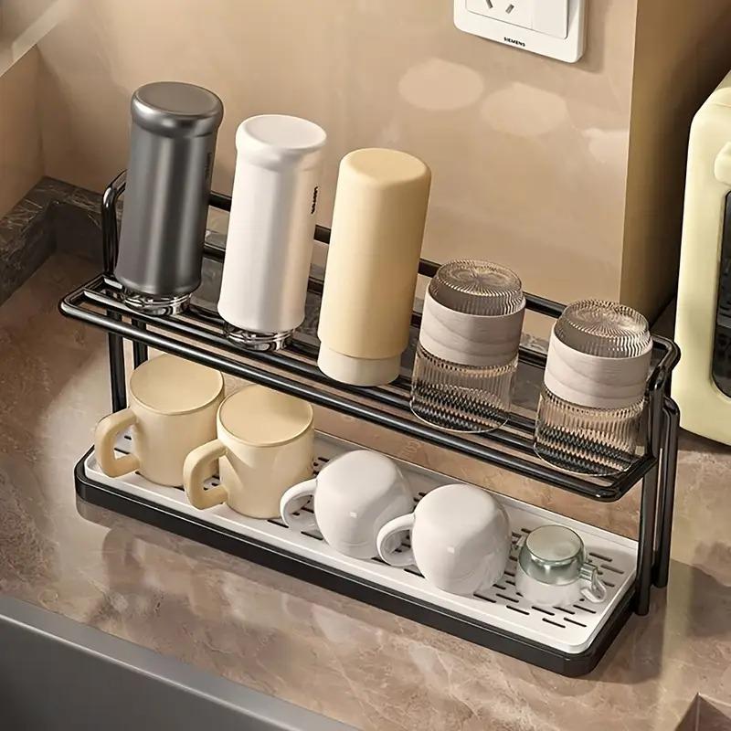 Heavy-Duty Double Layer Cup Holder Organizer with Drain Tray Space-Saving Countertop Shelf for Cups Mugs Coffee Makers