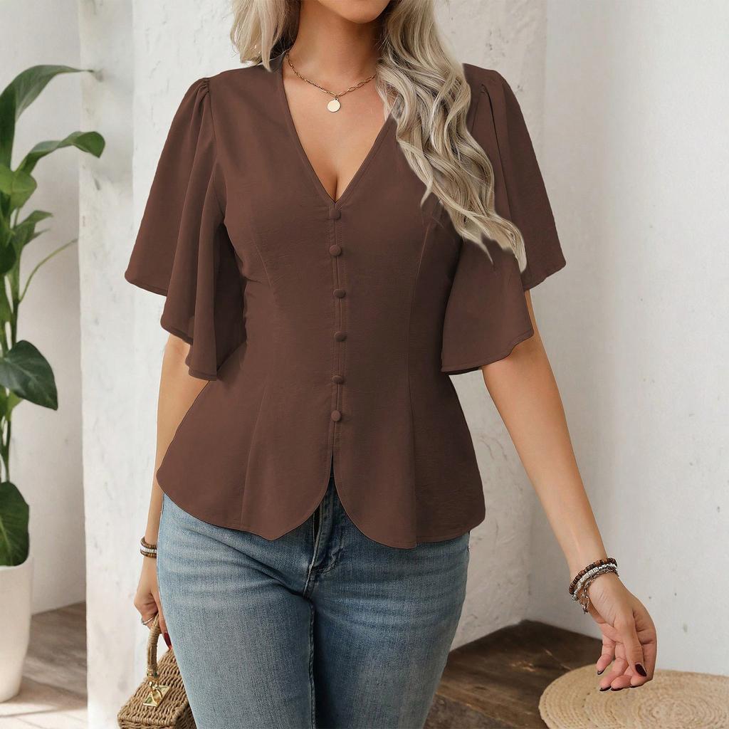 Women's Fashion Solid Color V Neck Single Breasted Waist Short Sleeved Top