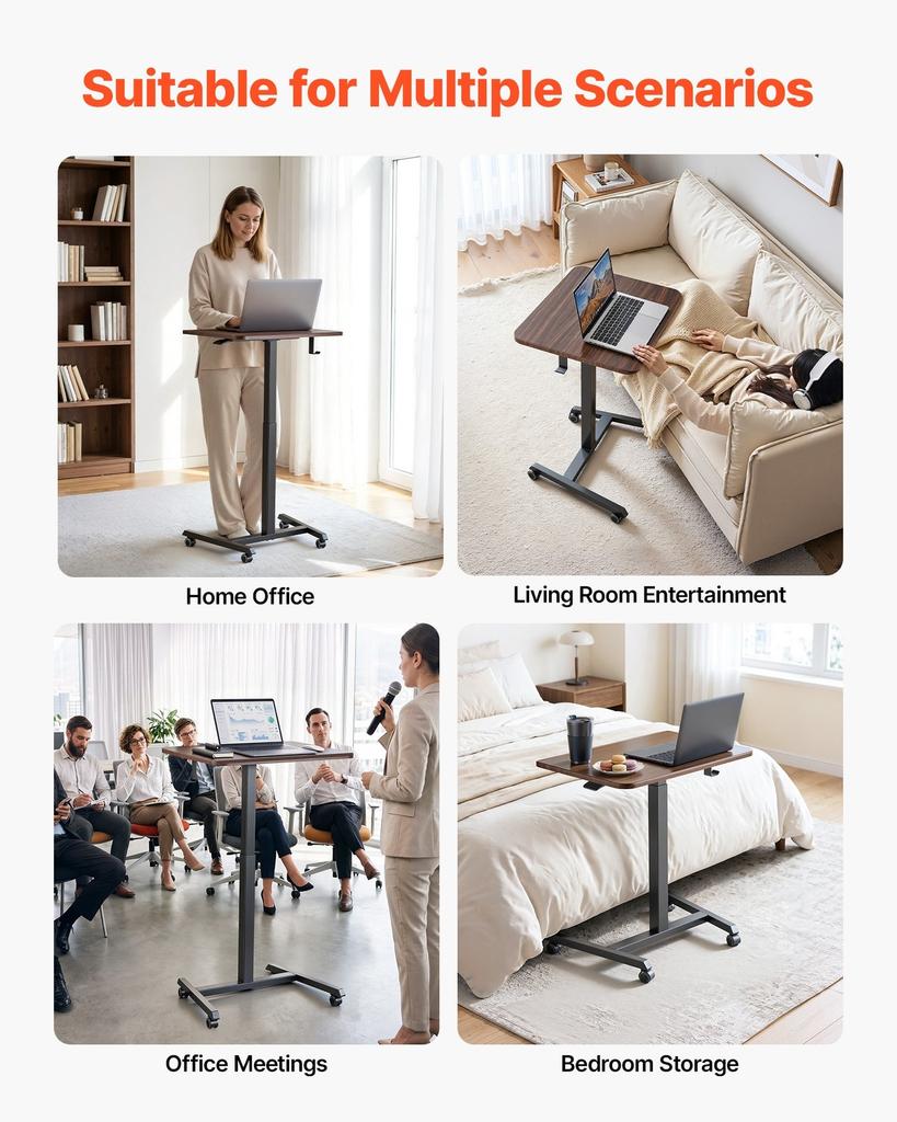 Standing Desk, Adjustable Height Mobile Stand Up Desk with 4 Casters, 650 x 480 mm Small Computer Sit Stand Rolling Workstation with Hook, 15 kg