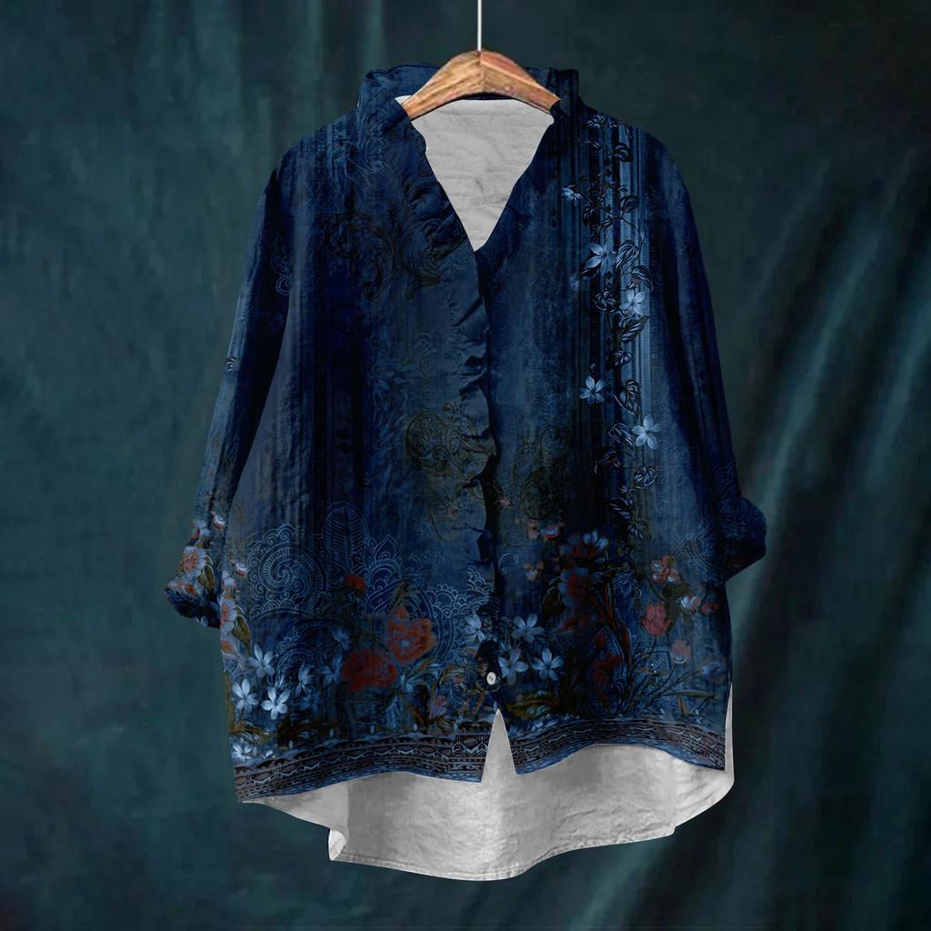 Dame Løs Volangert Blomstert Trykk Ståkrage Langermet Bomull og Lin Topp