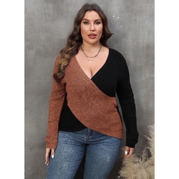 

Женский топ большого размера, цветной блок, глубокий V-образный вырез, перекрещенный, сексуальный свитер 3XL