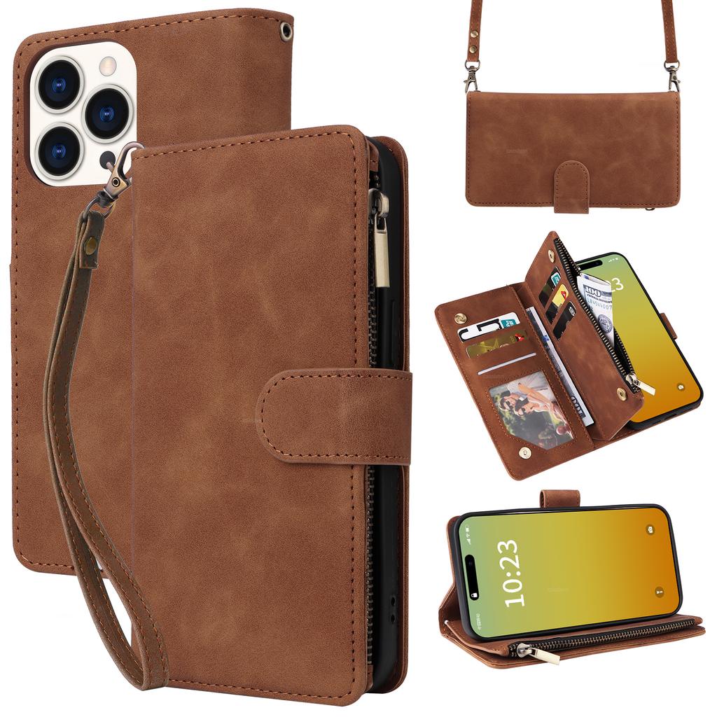For iPhone 15 Pro Case Zipper Multi-Pocket Wallet Leather Phone Cover with Shoulder and Wrist Straps