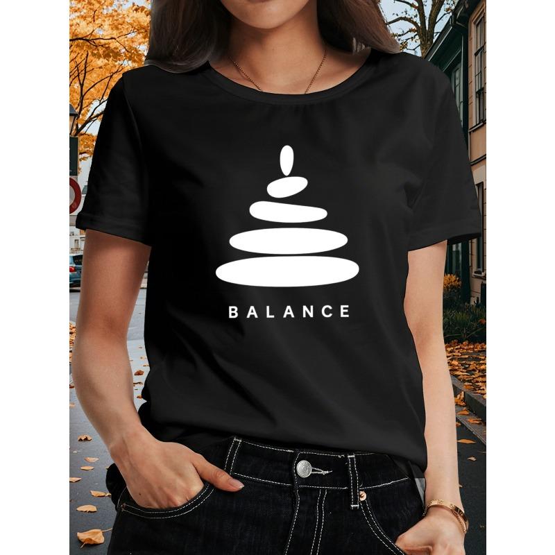 

Women s Balancing Stones & Letter Print T-Shirt Loose Casual Short Sleeve Crew Neck Top 4XL