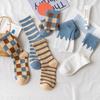 Trendy Coffee Blue Plaid Cotton Mid-Calf Socks, Versatile for Spring/Summer, Korean College Style, Breathable & Sweat-Wicking for Women.