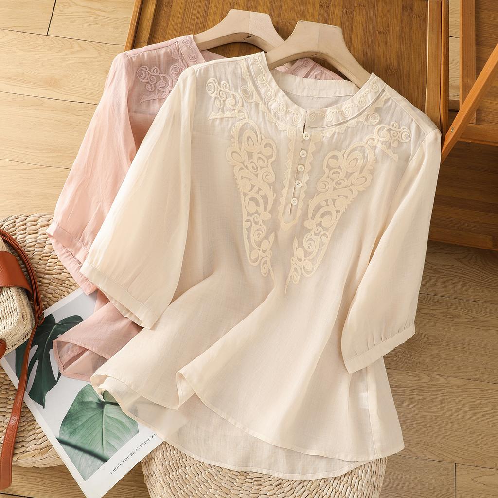 Cotton and Linen Short-sleeved Shirt Women's Summer Young Style Foreign Style Belly Cover Loose and Thin Top