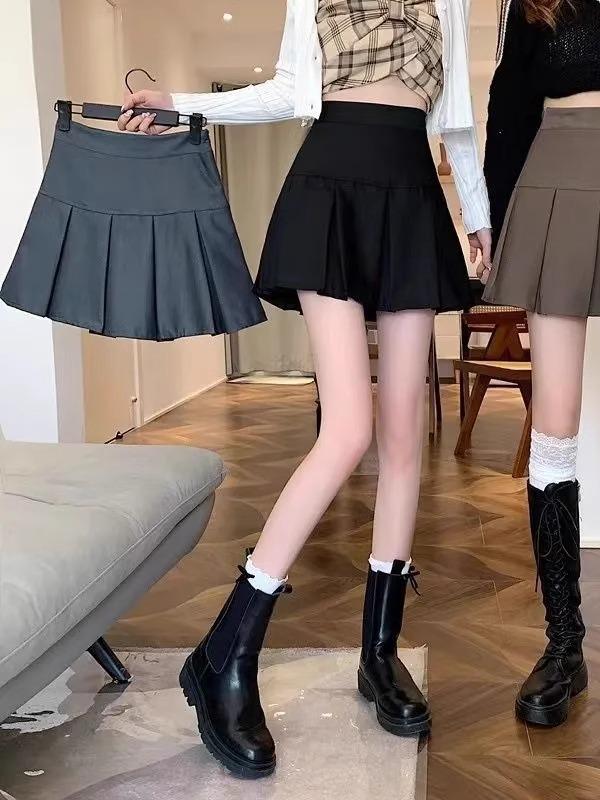 2024 Spring Women's High-Waist Black A-Line Pleated Mini Skirt