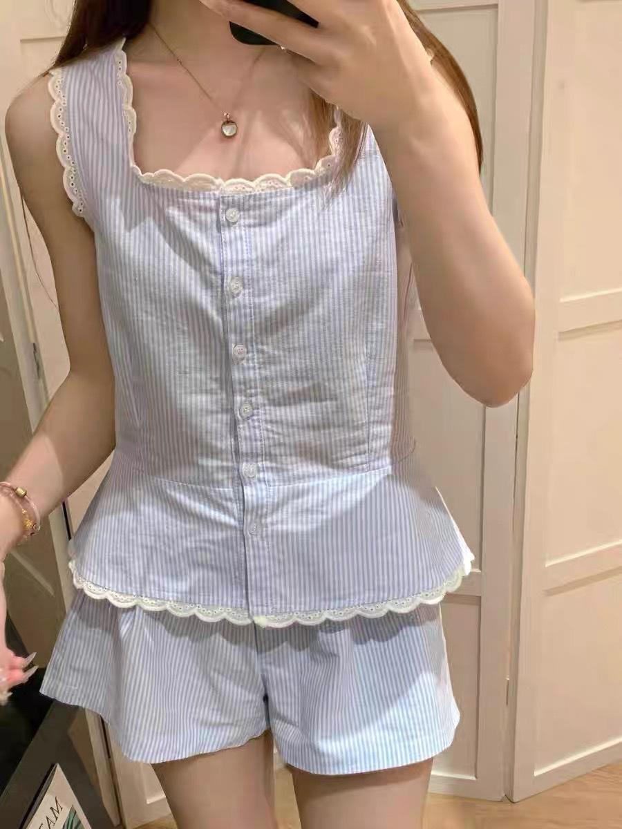 

Blue simple wind striped pajamas women can wear in summer with suspenders shorts two-piece set women s casual loungewear XXL