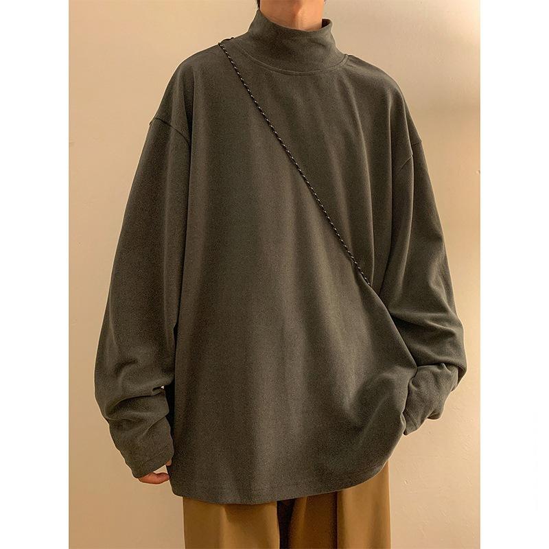 German Velvet Bottoming Shirt Men'S Long-Sleeved Spring And Autumn Loose Inner Sweater T-Shirt Semi-Turtleneck Hong Kong Style Boys Autumn Clothes