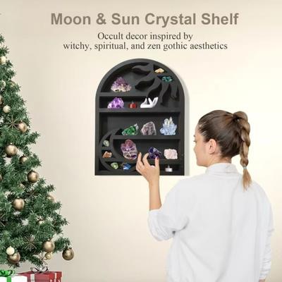 Wooden Material Wood Storage Shelf Crescent Sun Design Bohemian Style Crystal Shelf Moon Design Vintage Style Display Rack