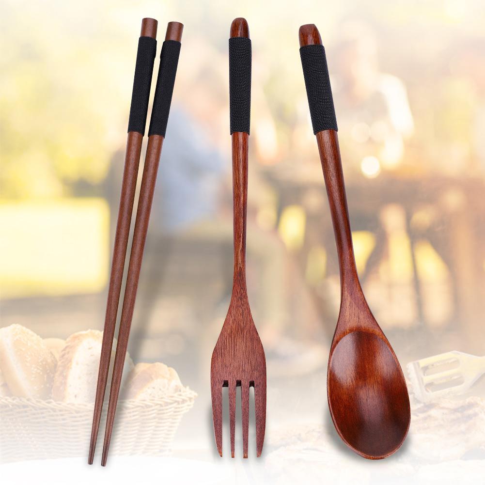 Wooden Chopsticks Spoon Fork Tableware Dinnerware 3pcs Set (with black thread)